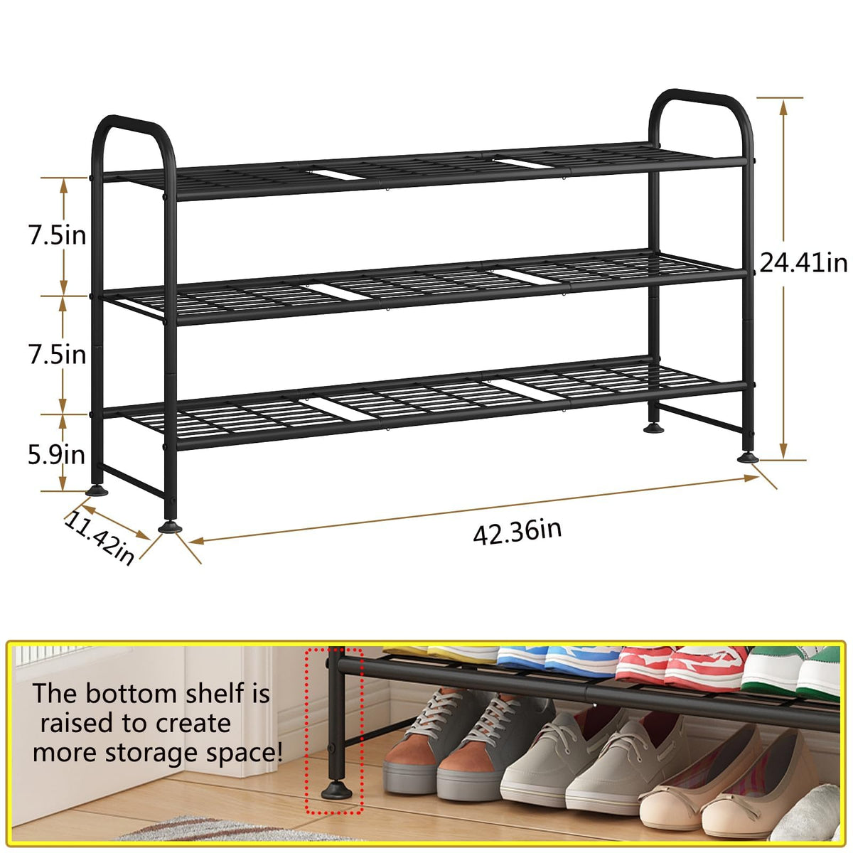linzinar shoe rack long 3-tier metal entryway saves space in a hallway