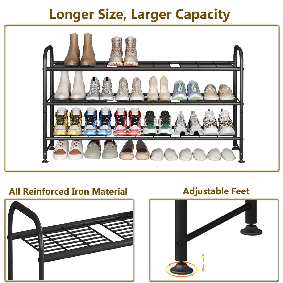 linzinar shoe rack long 3-tier metal storage solution for boots and sneakers