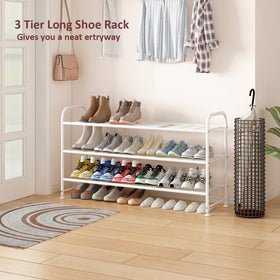 LINZINAR wide shoe rack in entryway setup for organized storage.