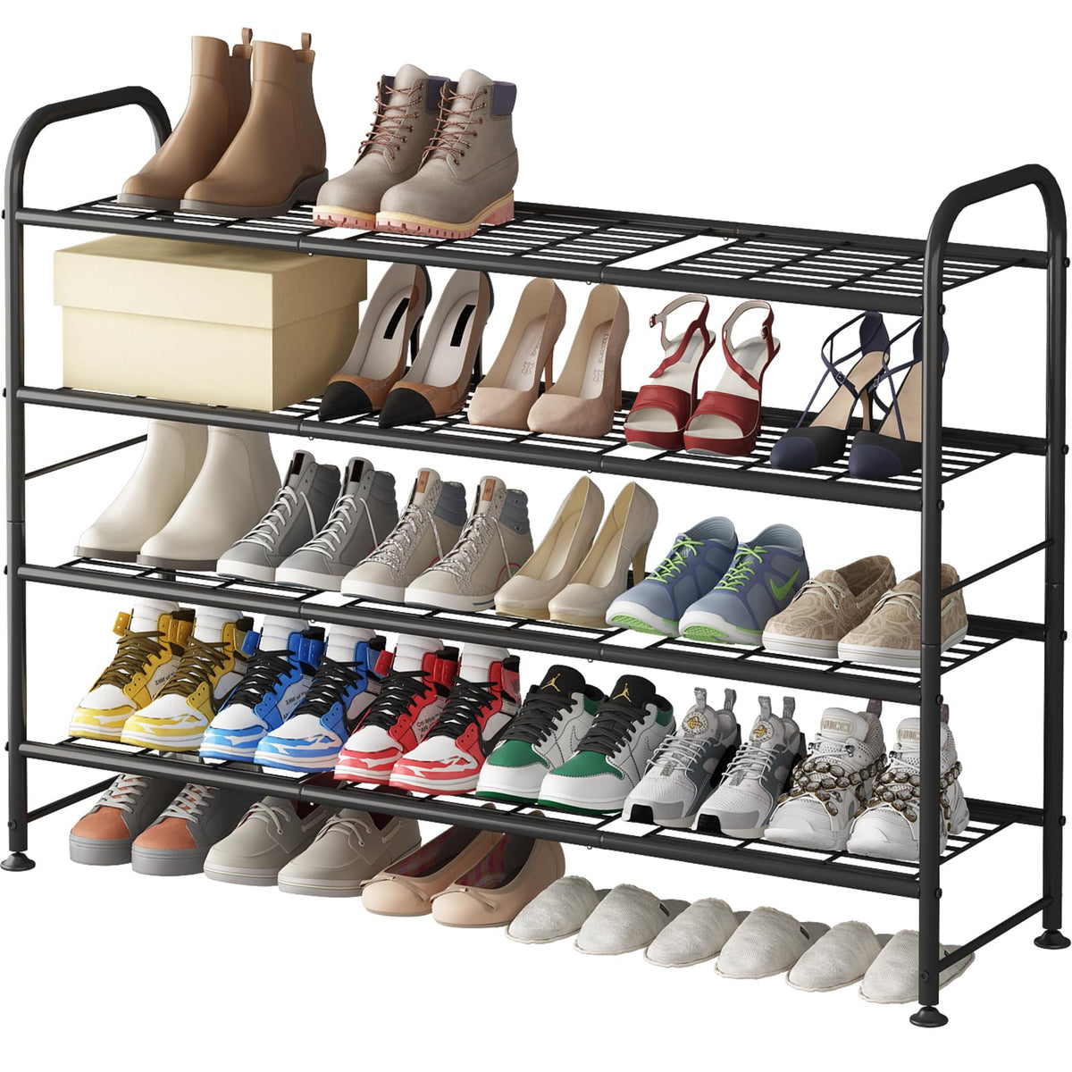 LINZINAR long 4-tier shoe rack front view for organized footwear storage.