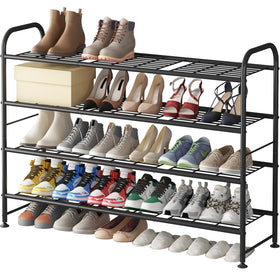 LINZINAR long 4-tier shoe rack front view for organized footwear storage.