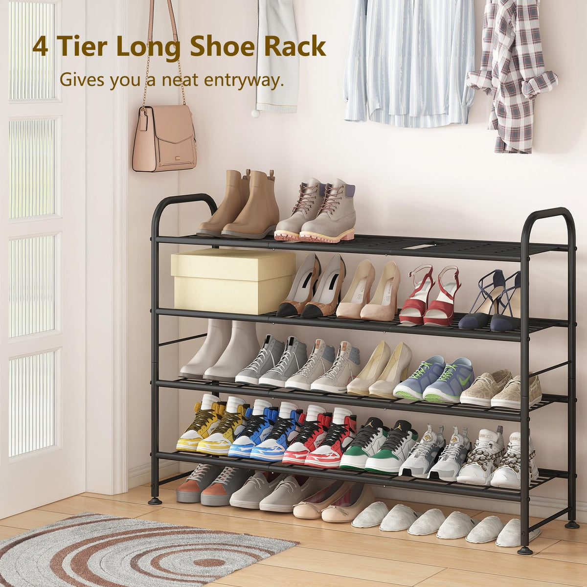 LINZINAR long 4-tier shoe rack gold black finish adds style and space.