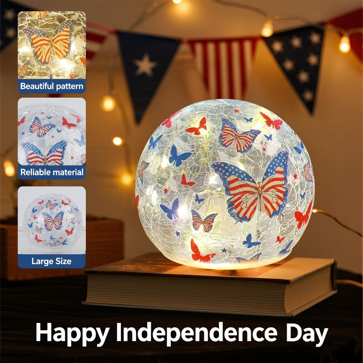 Cracked glass ball night light with butterfly motif by Liooty.