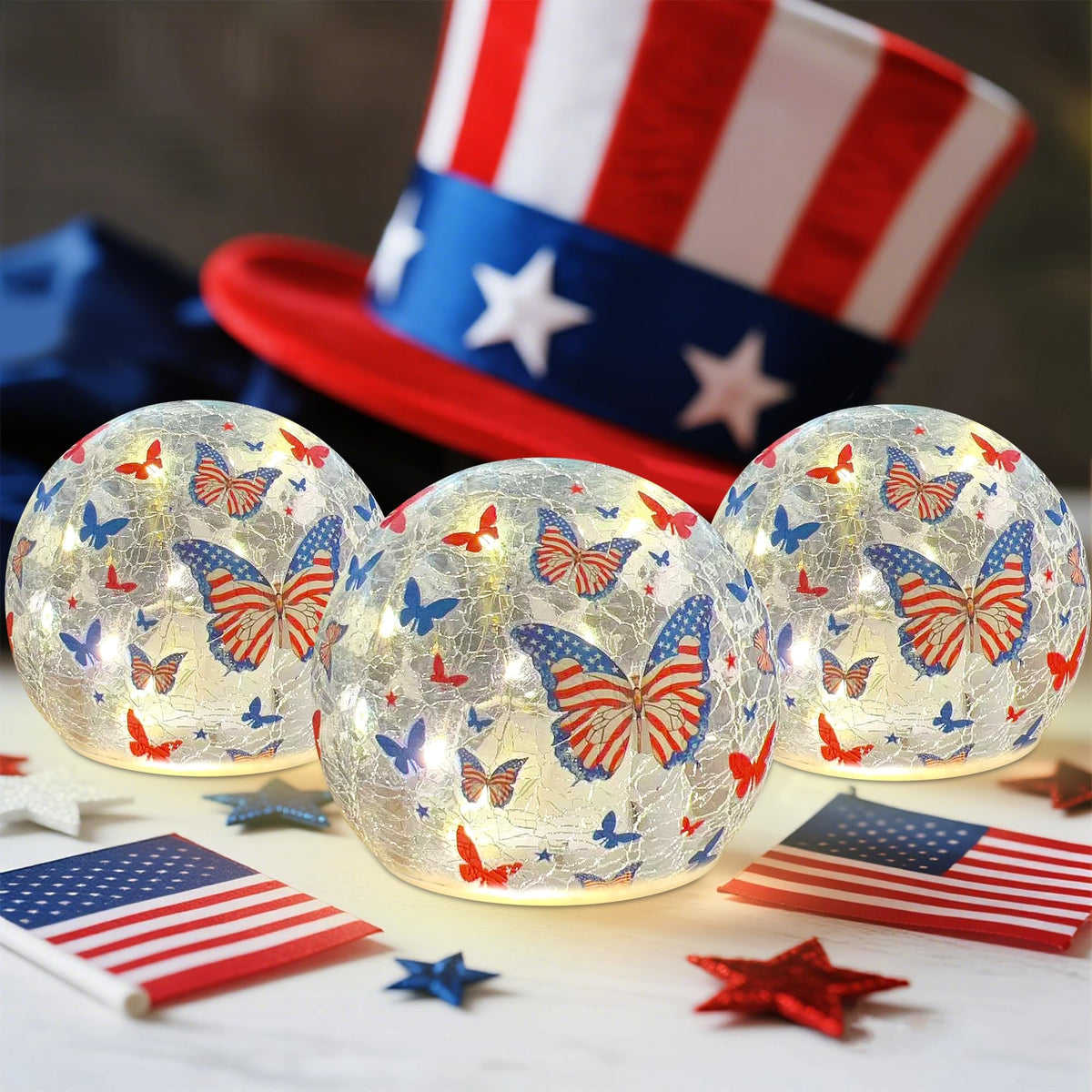 Indoor/outdoor decorative lamp for 4th of July aesthetics.