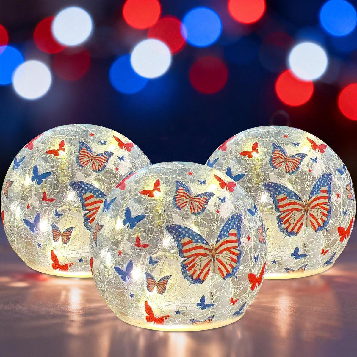 Liooty 3-pack butterfly-pattern LED lights brighten shelves for Independence Day decor.