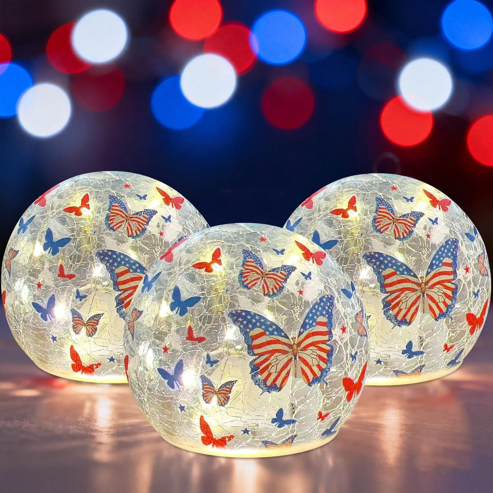 Liooty 3-pack butterfly-pattern LED lights brighten shelves for Independence Day decor.