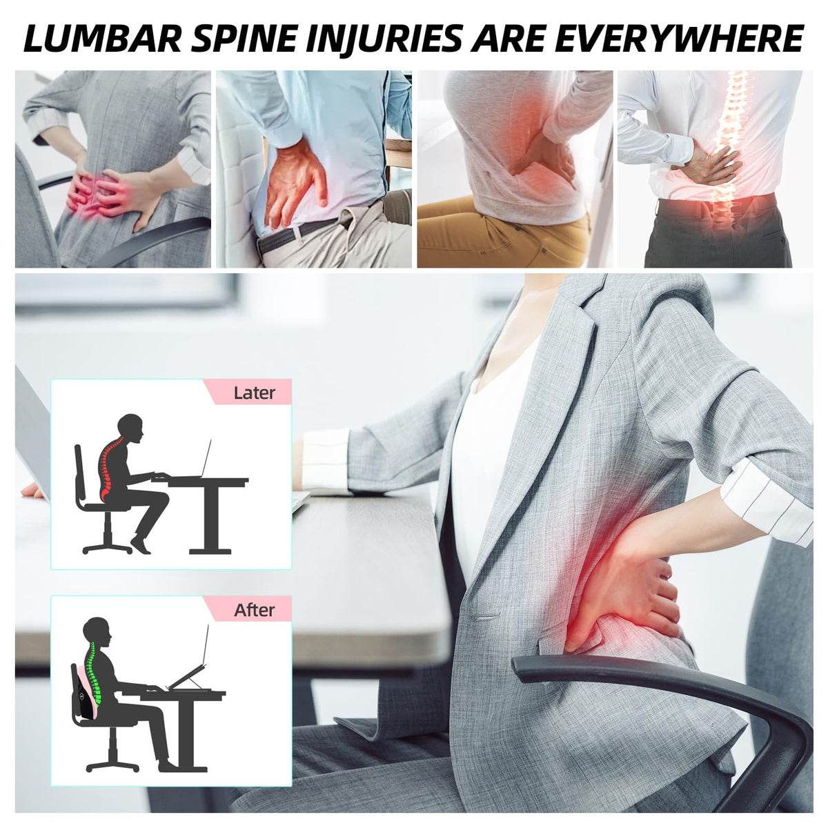LIQUN memory foam seat pillow on office chair, versatile for work and gaming.