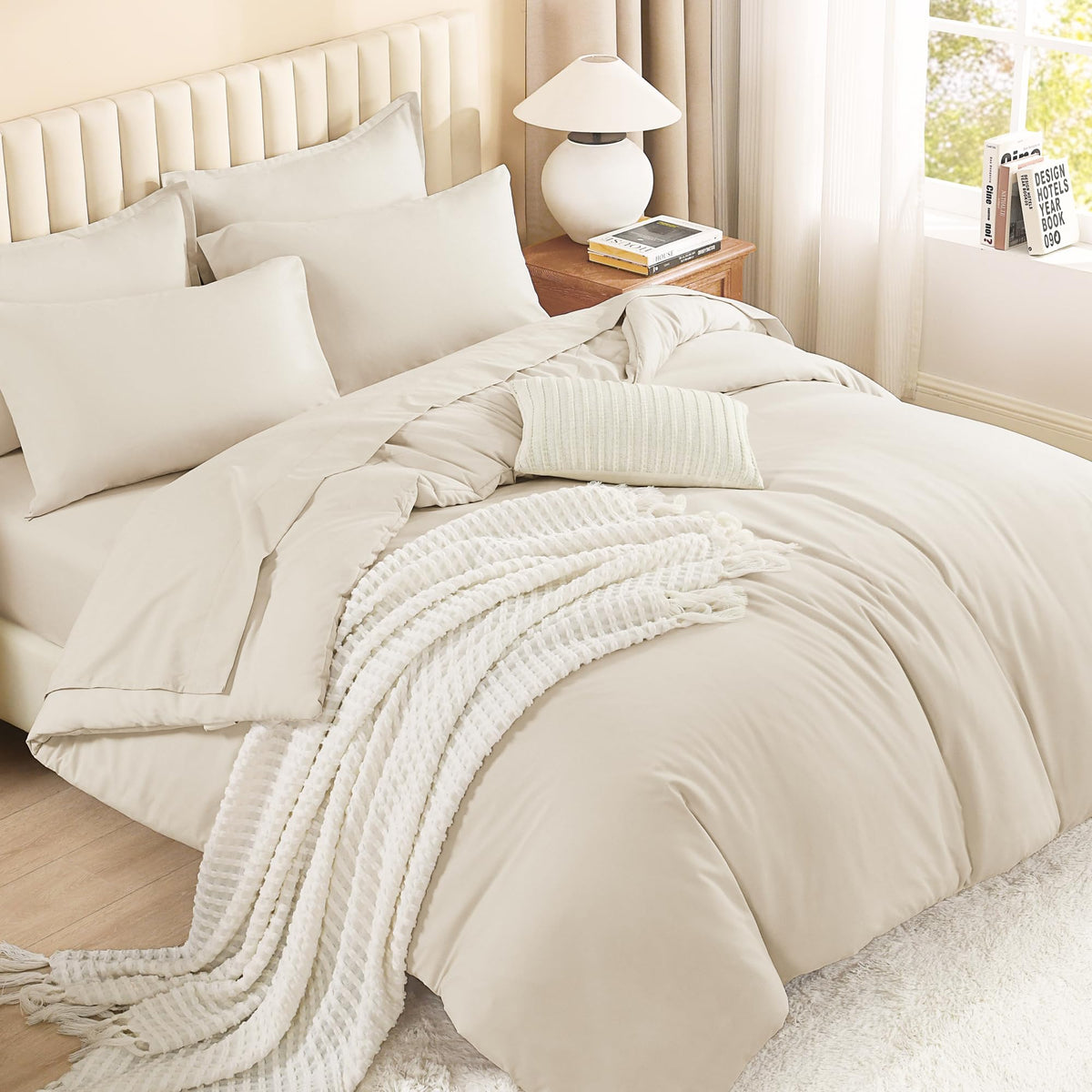 Litanika bed-in-a-bag king beige comforter closeup showing soft plush warmth for all-season use