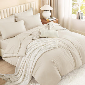 Litanika bed-in-a-bag king beige comforter closeup showing soft plush warmth for all-season use