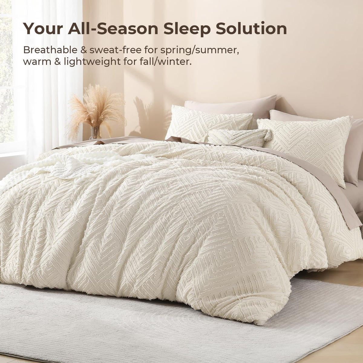 Litanika beige comforter front tufting detail adds texture and modern farmhouse style.