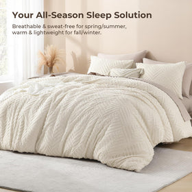 Litanika beige comforter front tufting detail adds texture and modern farmhouse style.