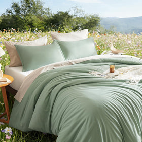Litanika full-size sage green comforter on bed for all-season comfort.