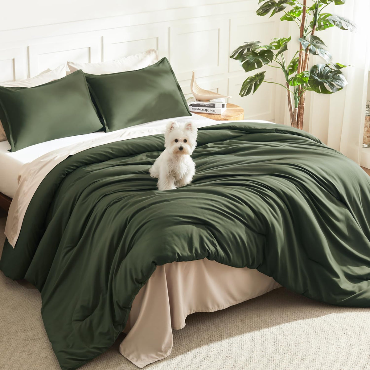 Litanika dark olive green comforter set on a king bed for all-season warmth.