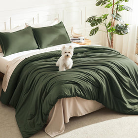 Litanika dark olive green comforter set on a king bed for all-season warmth.