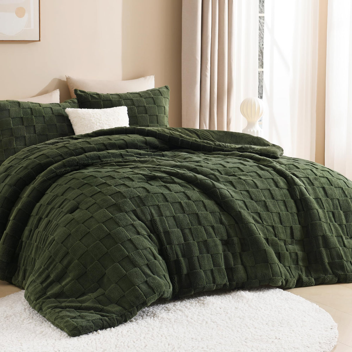 Litanika fluffy queen comforter in olive green offers cozy warmth for cold nights.