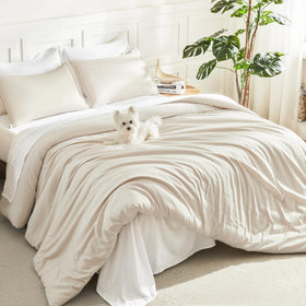Litanika full-size beige comforter set in a serene bedroom ambiance