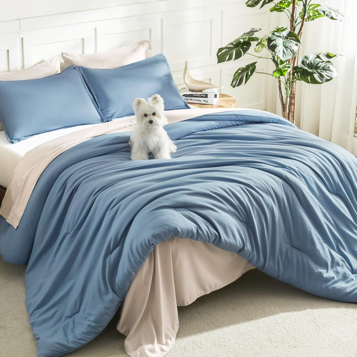 Litanika king comforter in grayish blue with plush touch and year-round warmth.