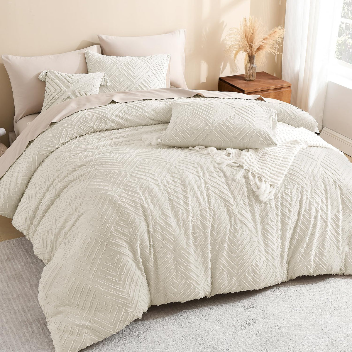 Litanika queen beige tufted design comforter enhances boho farmhouse decor and texture.