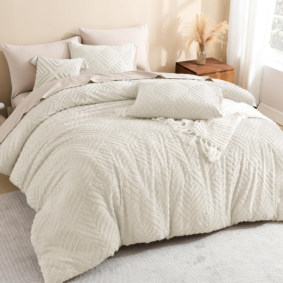 Litanika queen beige tufted design comforter enhances boho farmhouse decor and texture.