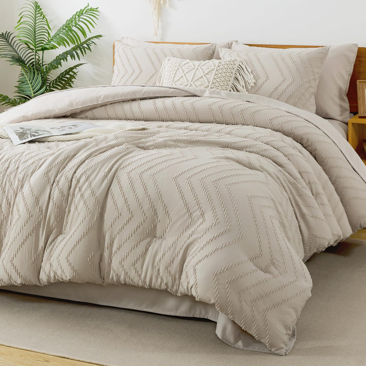 Litanika queen beige comforter set on a bed, ideal for quick modern bedroom refresh.