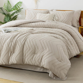 Litanika queen beige comforter set on a bed, ideal for quick modern bedroom refresh.