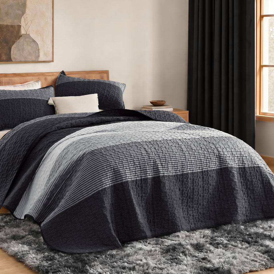 Litanika quilt queen: black-white stripe coverlet adds timeless style and easy maintenance