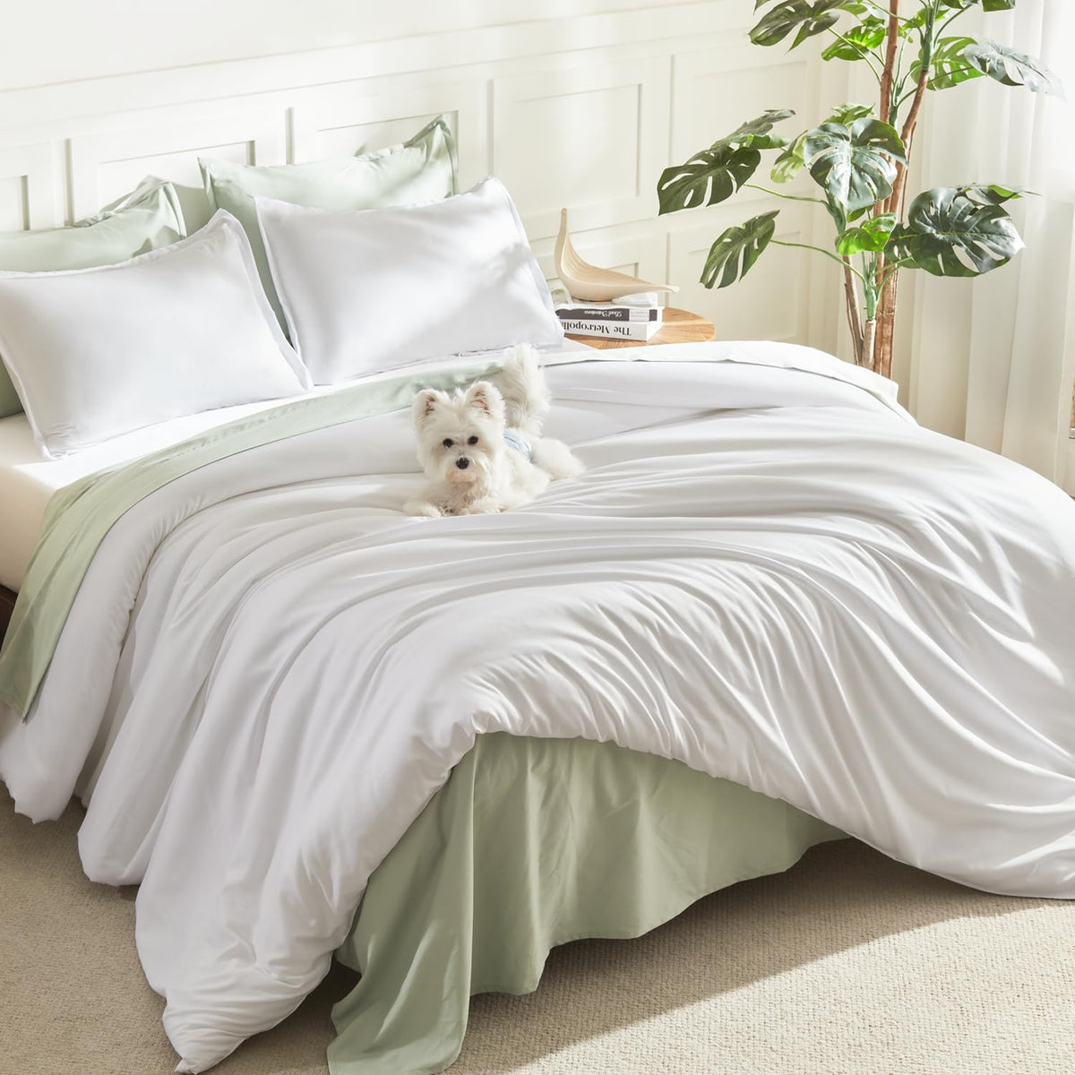 Litanika White Comforter full-size on bed, showcasing three-piece set for cozy nights.
