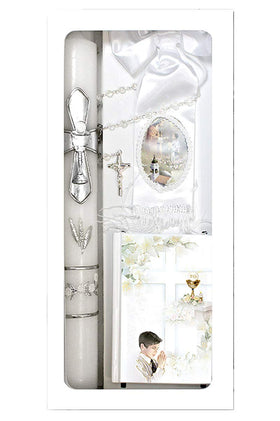 Lito First Communion Candle Set for boys with a silver cross, a timeless keepsake.