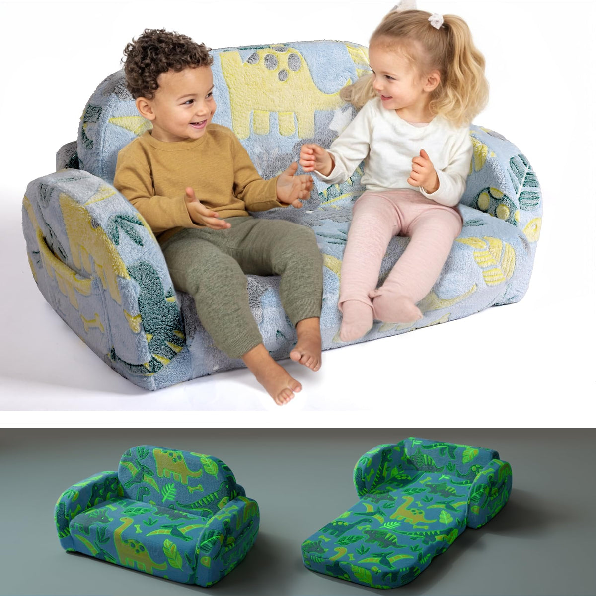Little Dove 2-in-1 toddler couch folds into a comfy lounge for resting.