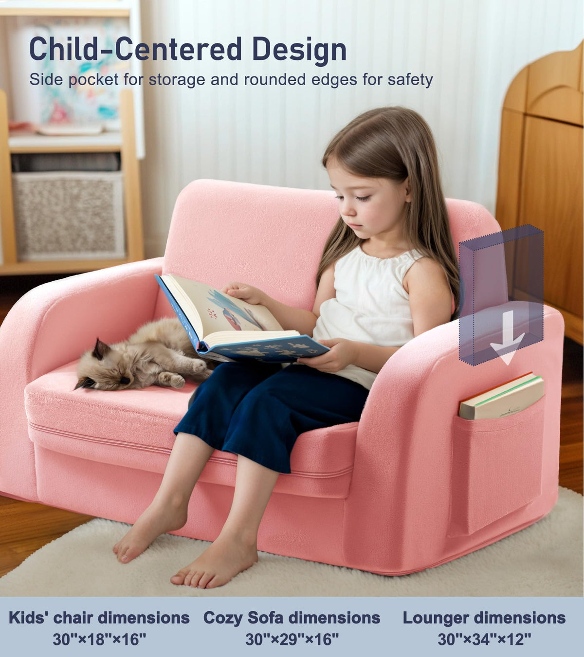 Little Dove pink kids sofa close-up highlights vibrant color and compact footprint.
