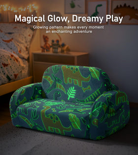 Little Dove glow-in-the-dark dinosaur couch creates magical playtime ambiance.