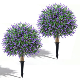 Little Glee lavender topiary ball with ground spike for easy porch installation.