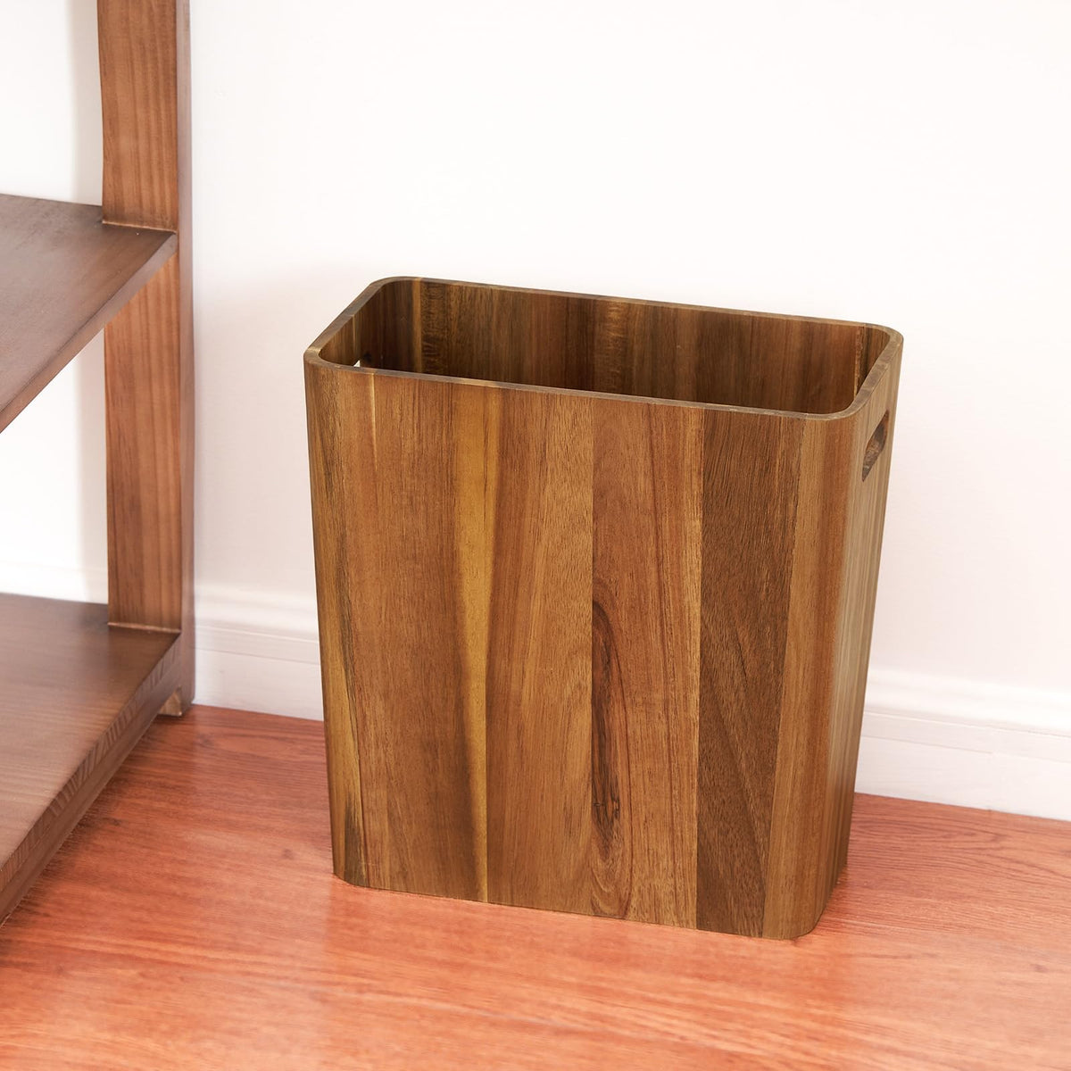 LiTY wooden trash bin in a bedroom setting with rustic charm