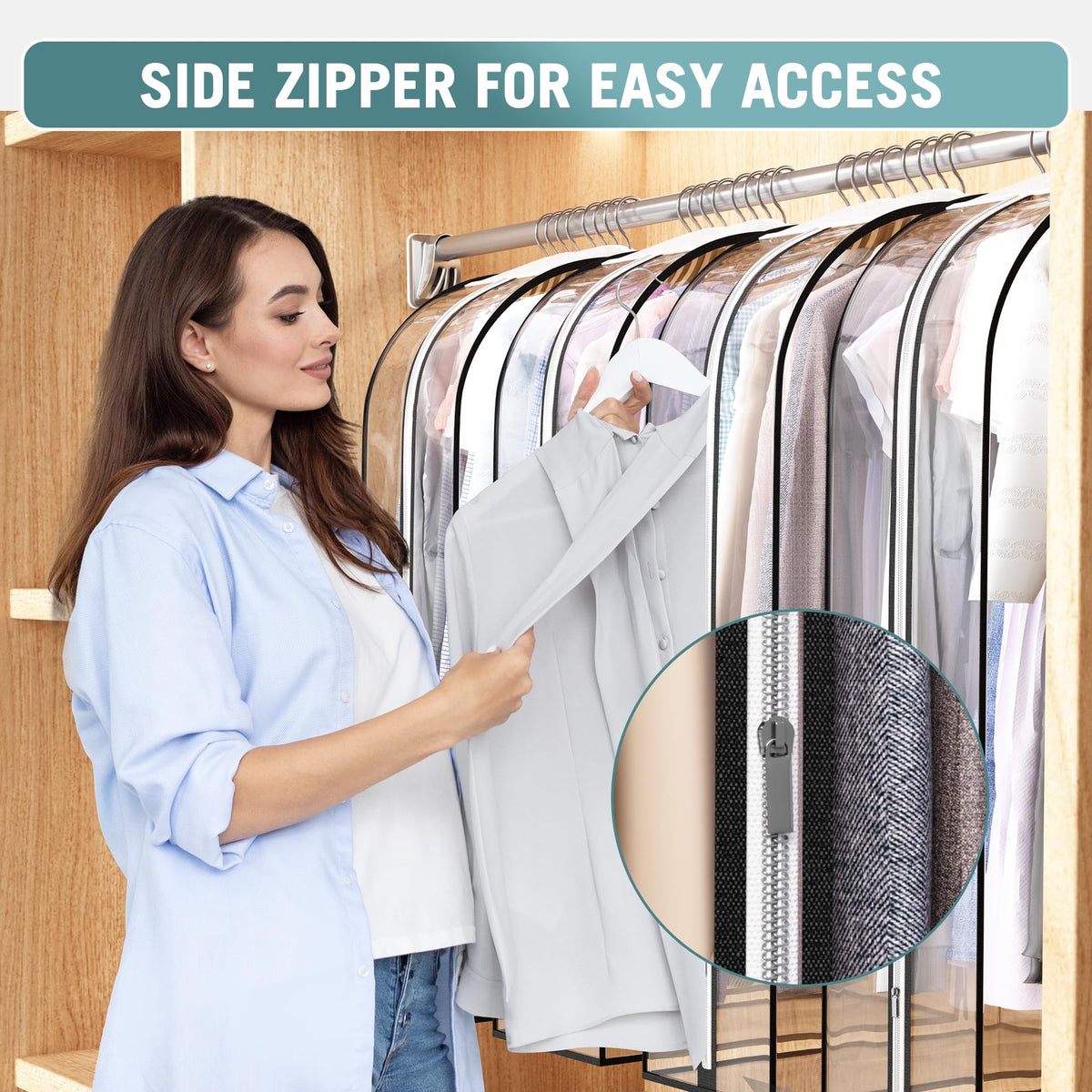 Liuoud four-pack garment bags for organized open wardrobes.