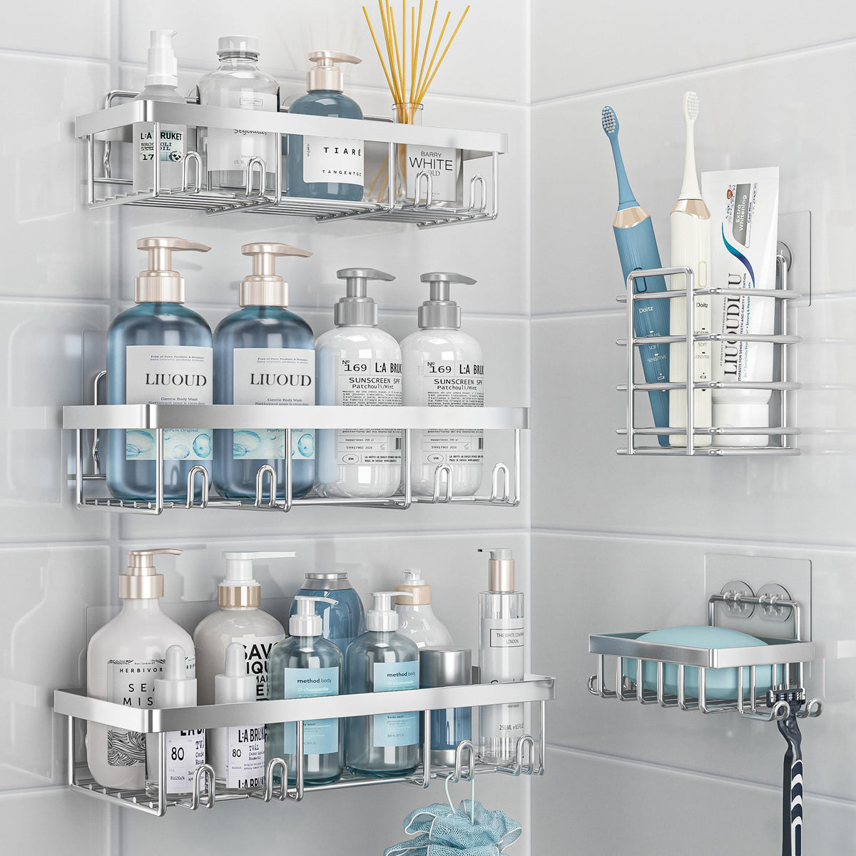 Liuoud 5-pack shower caddy inside shower neatly stores bottles within reach.