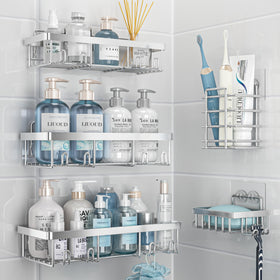 Liuoud 5-pack shower caddy inside shower neatly stores bottles within reach.