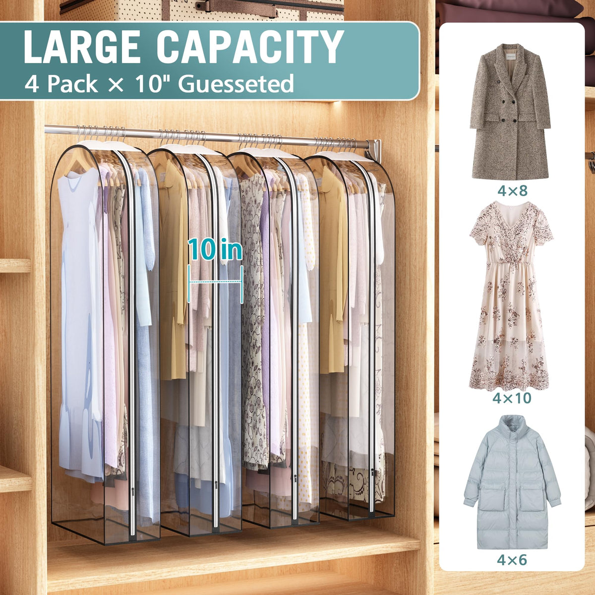 Liuoud clear garment bag with 10-inch gusset for spacious, wrinkle-free storage.