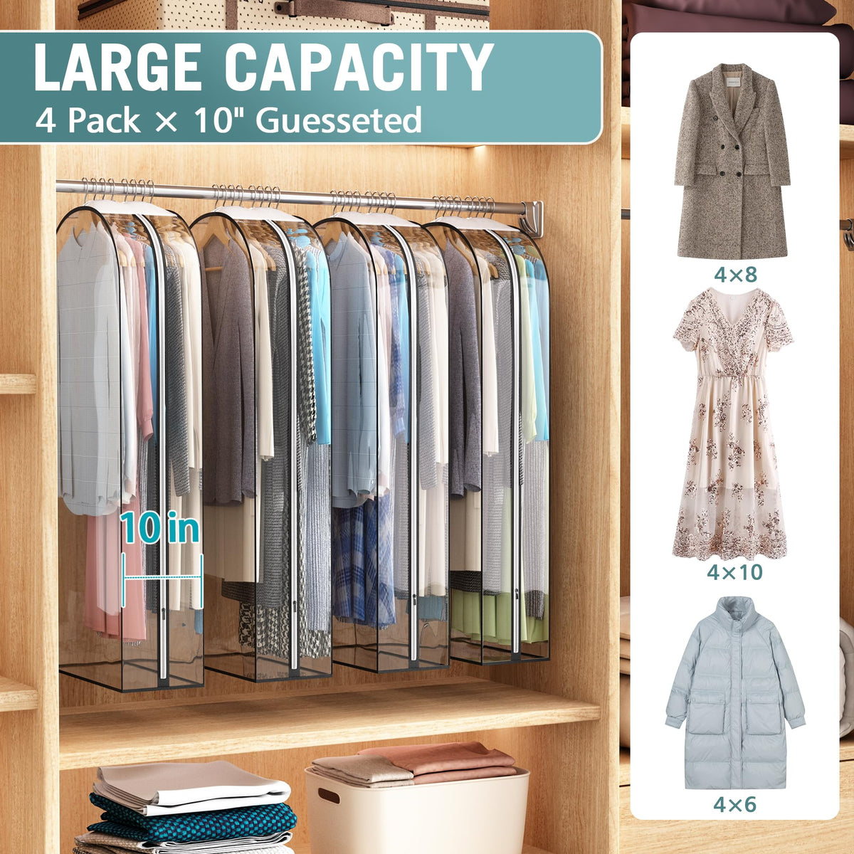 Liuoud clear garment bag with 10-inch gusset accommodates bulky items and minimizes wrinkles.