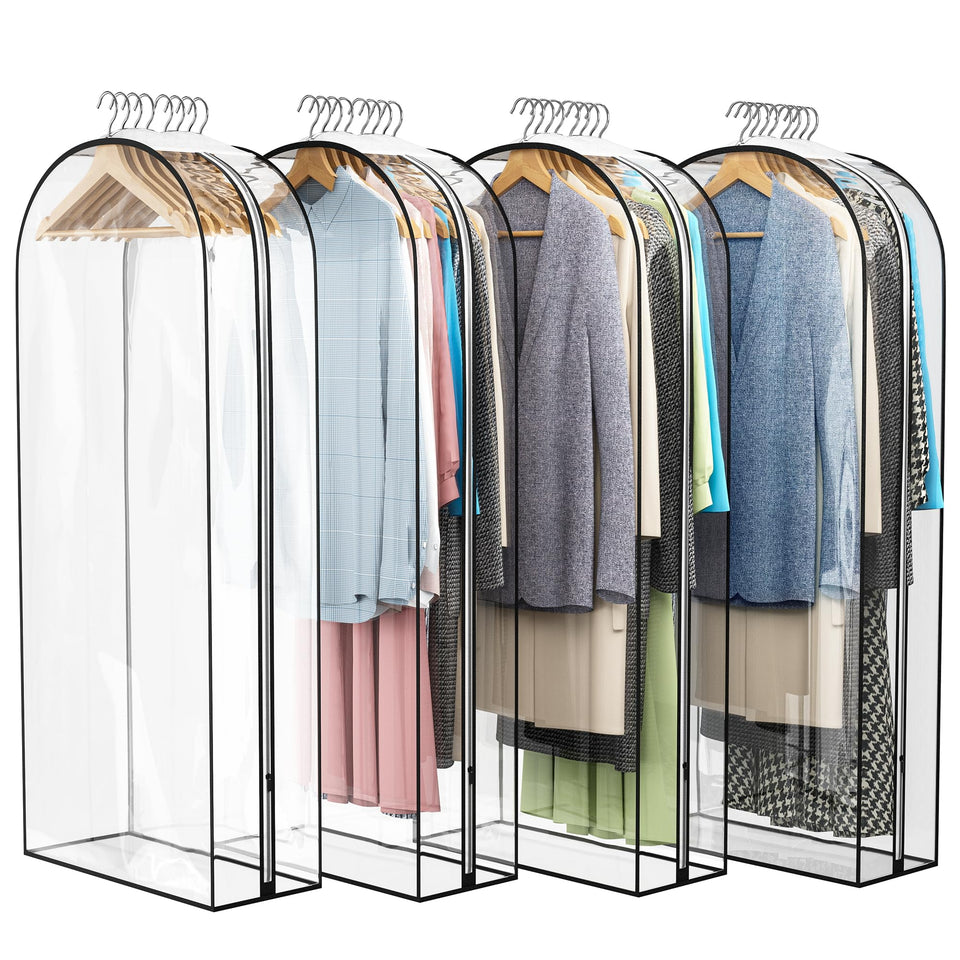 Liuoud clear garment bag showing 50-inch length for open closet storage and quick outfit visibility.
