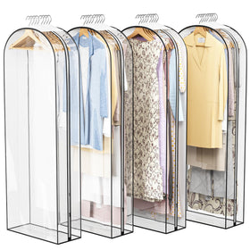 Liuoud clear garment bag shows 60-inch length for long dresses and coats, wrinkle reduction potential.