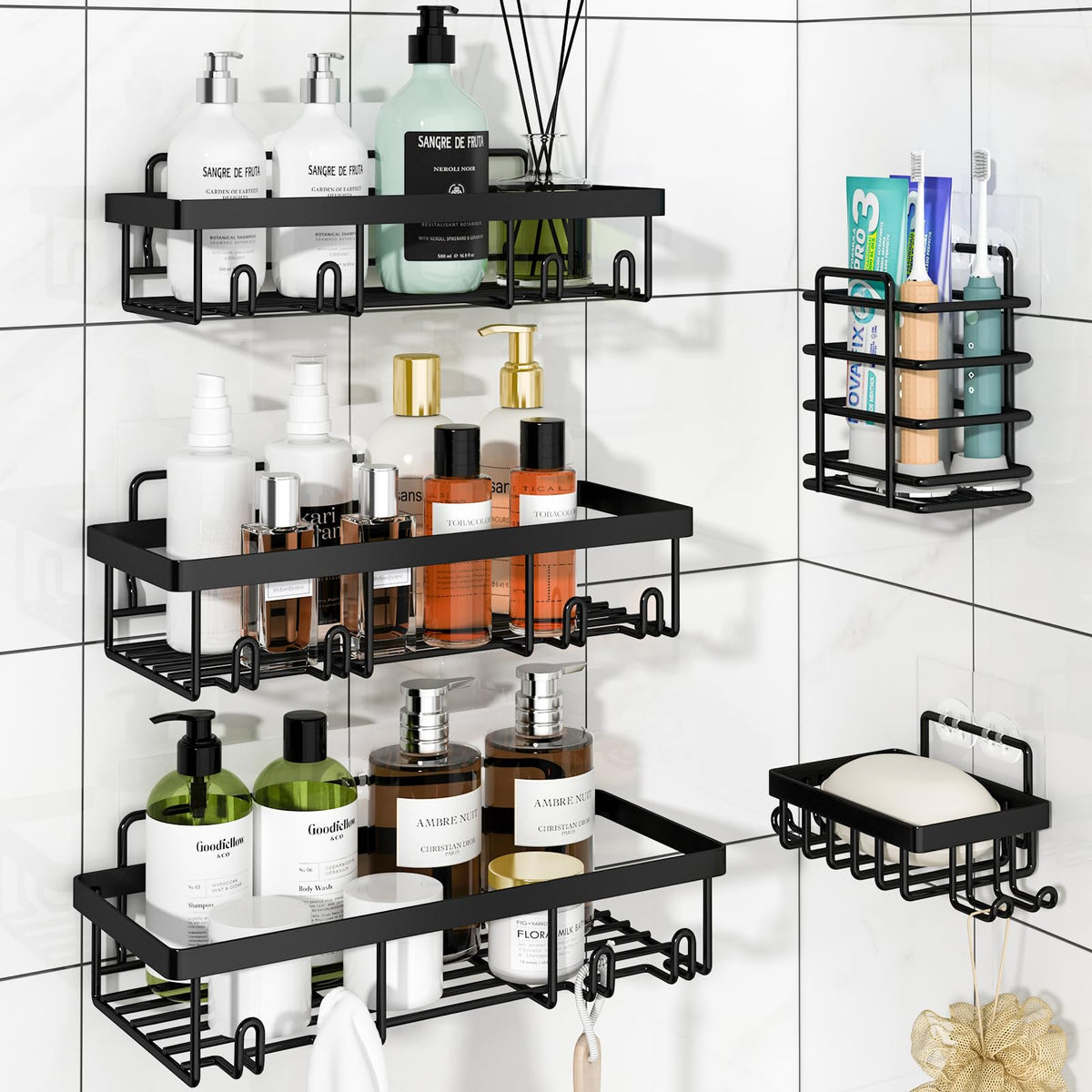Liuoud five-pack shower caddy inside shower keeps toiletries organized and accessible.