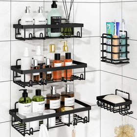 Liuoud five-pack shower caddy inside shower keeps toiletries organized and accessible.