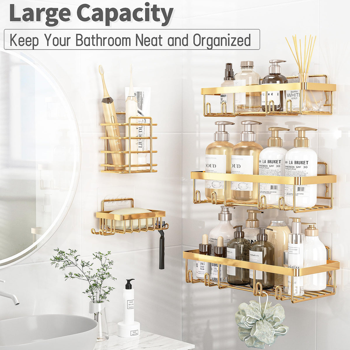 Liuoud gold shower caddy set with soap holder shows rustproof durability in humid bathrooms.