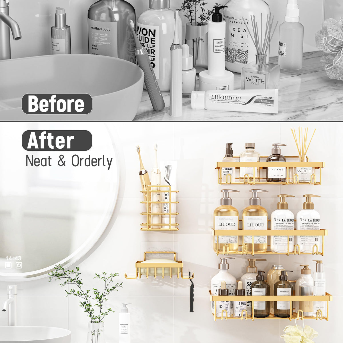 Liuoud rustproof bathroom organizer neatly fits shampoo and bottles.