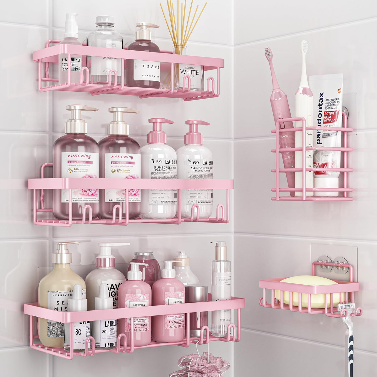 Liuoud pink wall shower caddy large keeps bottles within easy reach