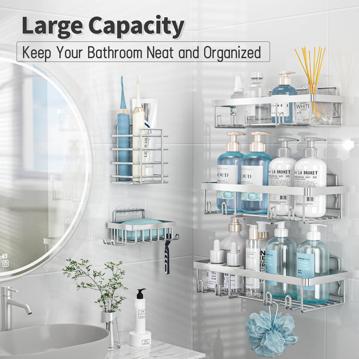 Liuoud stainless steel close-up emphasizes rustproof durability for humid bathrooms.