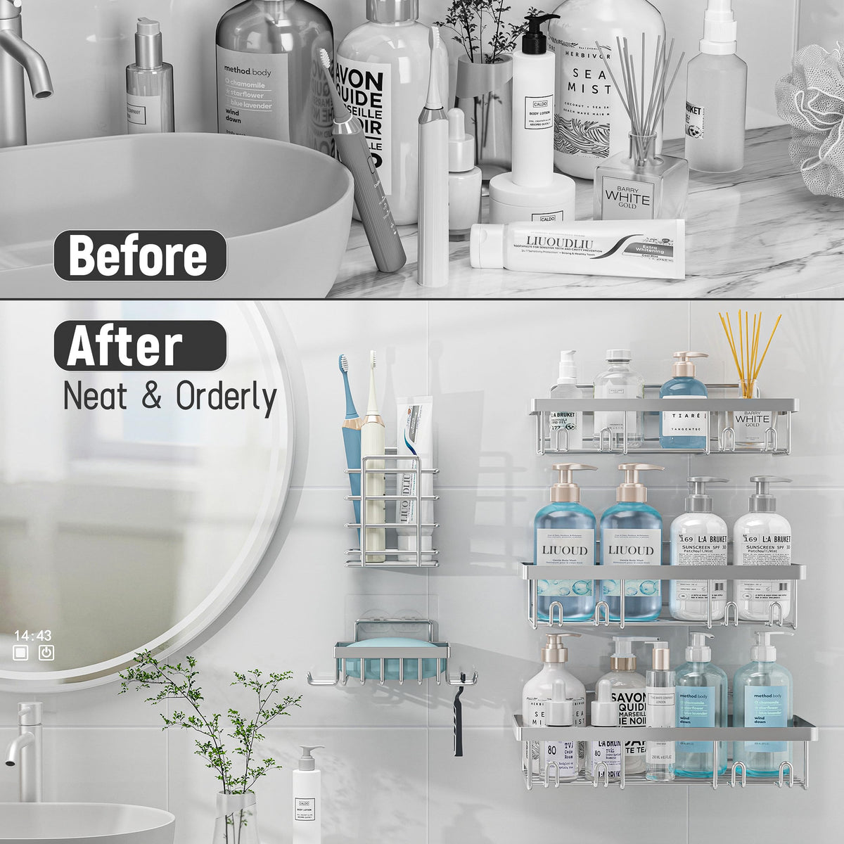 Liuoud large capacity caddy holds shampoos, conditioner, and body wash.
