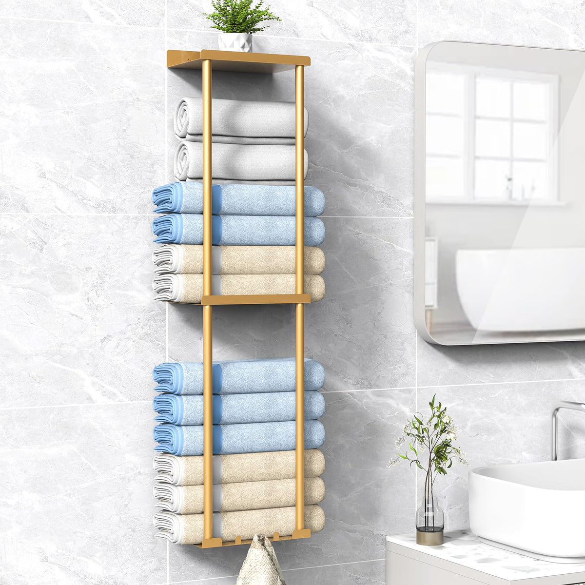 Liuoud towel rack wall-mounted gold front view showing space-saving storage