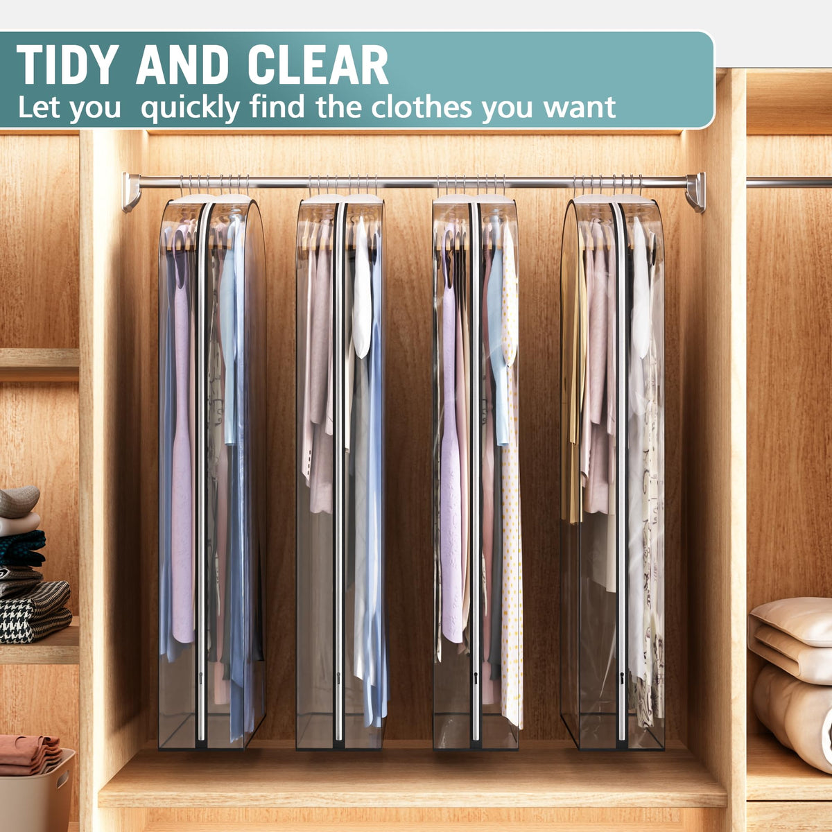 Liuoud clear bags help sort seasonal clothing while minimizing wrinkles.