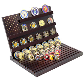 LIUYALO walnut challenge coin display stand front view, showcasing 100-coin capacity for organized collections.